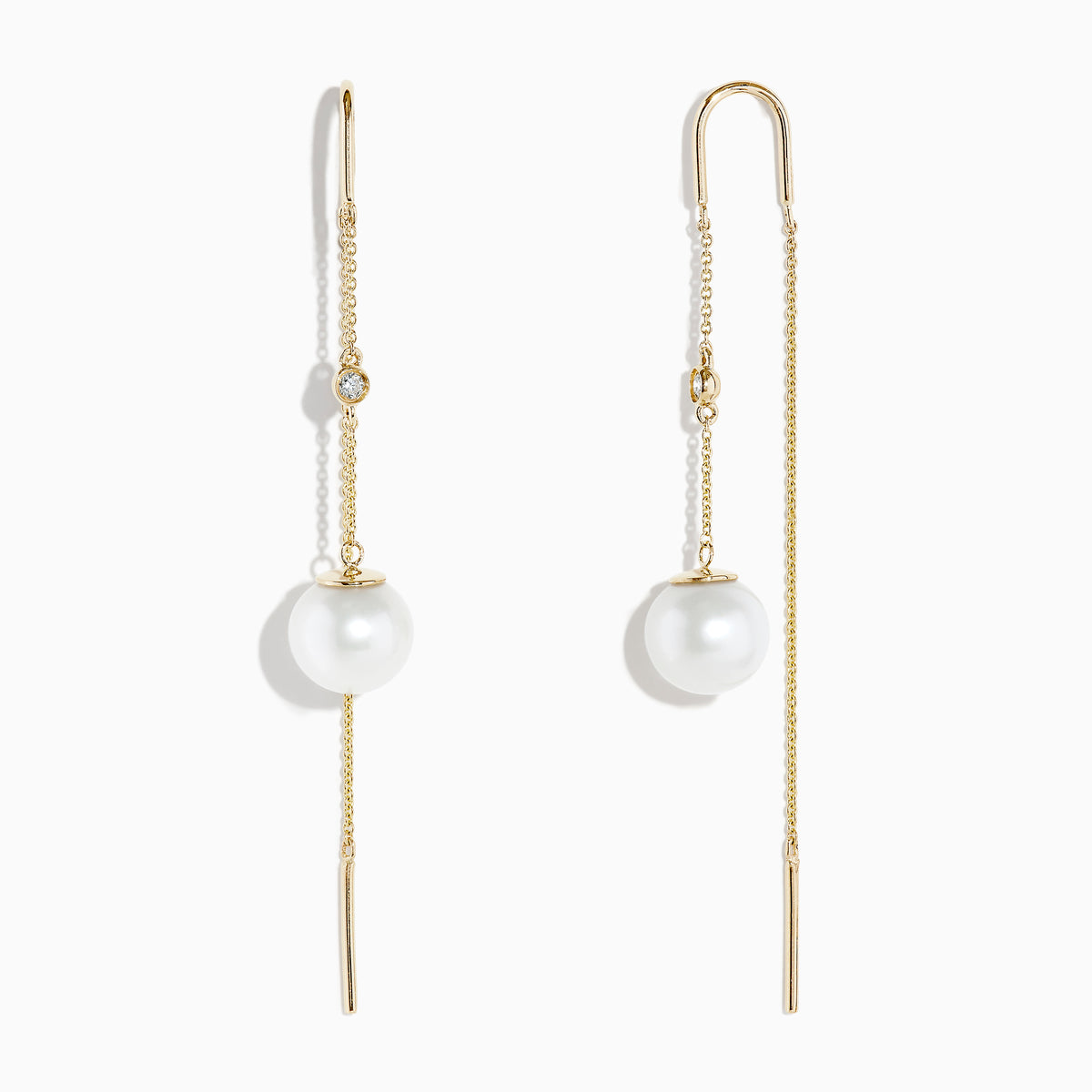 The 14K Yellow Gold Pearl and Diamond Drop Earrings feature a single white pearl and round diamond on each, accented with thin gold chains and bars.