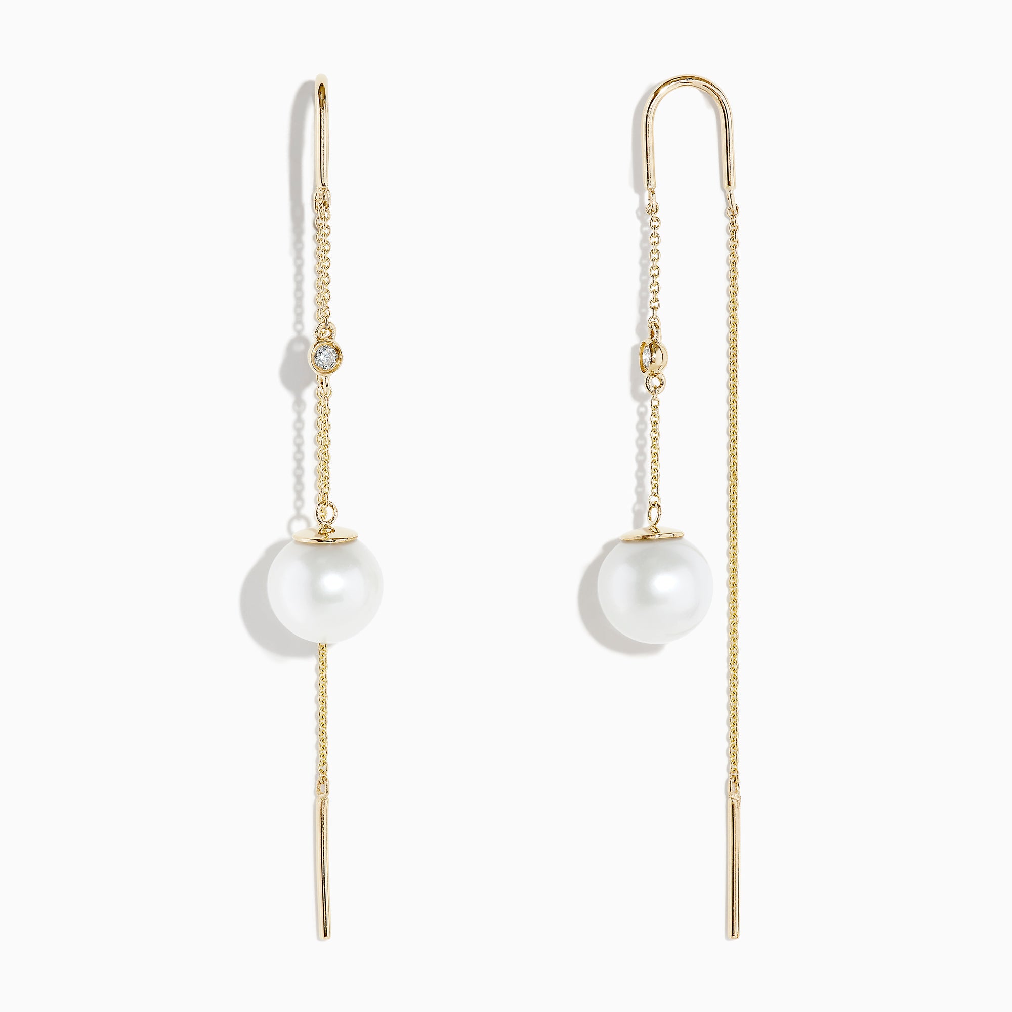 The 14K Yellow Gold Pearl and Diamond Drop Earrings feature a single white pearl and round diamond on each, accented with thin gold chains and bars.