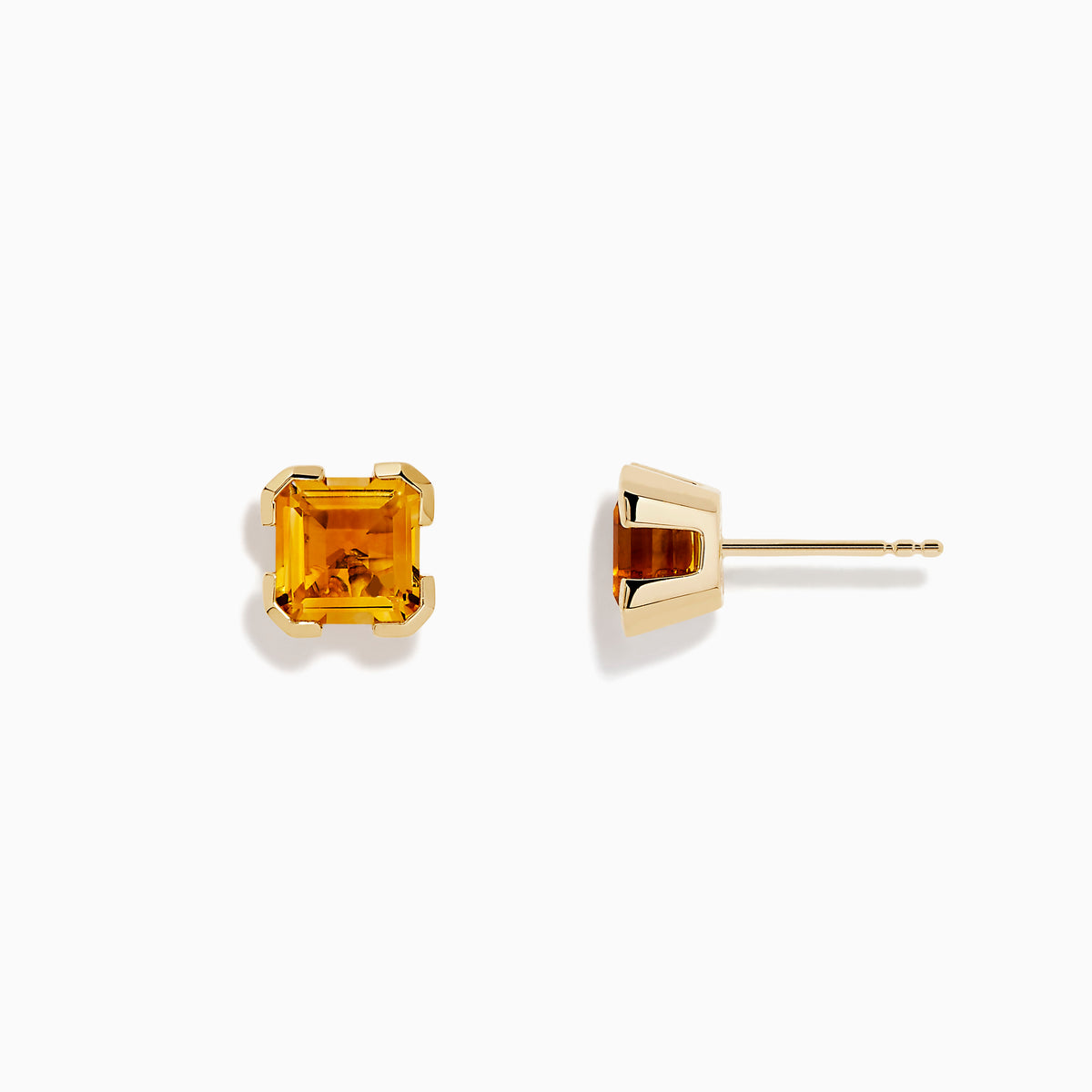 The Sunset 14K Yellow Gold Citrine Stud Earrings feature square-cut citrine gemstones in four-prong settings, shown on a plain white background.
