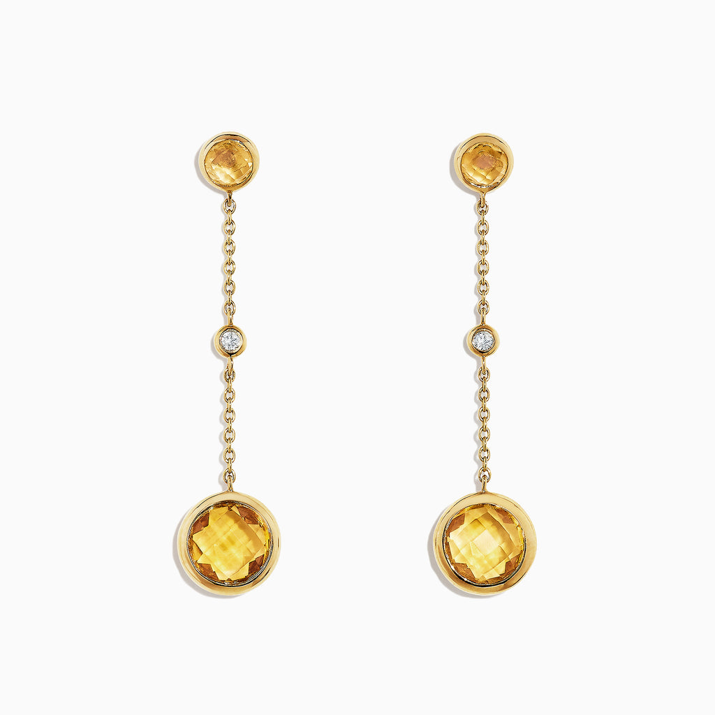 Sunset 14K Yellow Gold Citrine and Diamond Earrings, 2.54 TCW, feature round citrines and a sparkling diamond on a delicate gold chain, evoking Effy Sunset style.