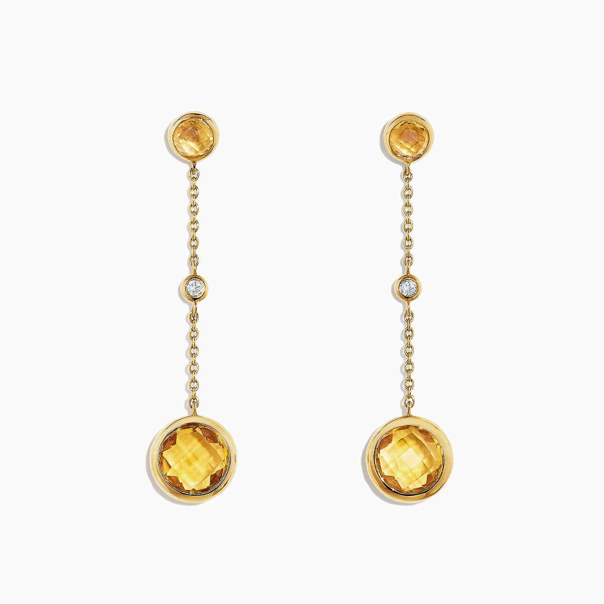 Sunset 14K Yellow Gold Citrine and Diamond Earrings, 2.54 TCW, feature round citrines and a sparkling diamond on a delicate gold chain, evoking Effy Sunset style.