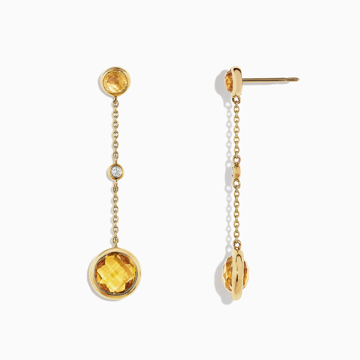Sunset 14K Yellow Gold Citrine and Diamond Earrings, 2.54 TCW, feature round citrines and a sparkling diamond on a delicate gold chain, evoking Effy Sunset style.