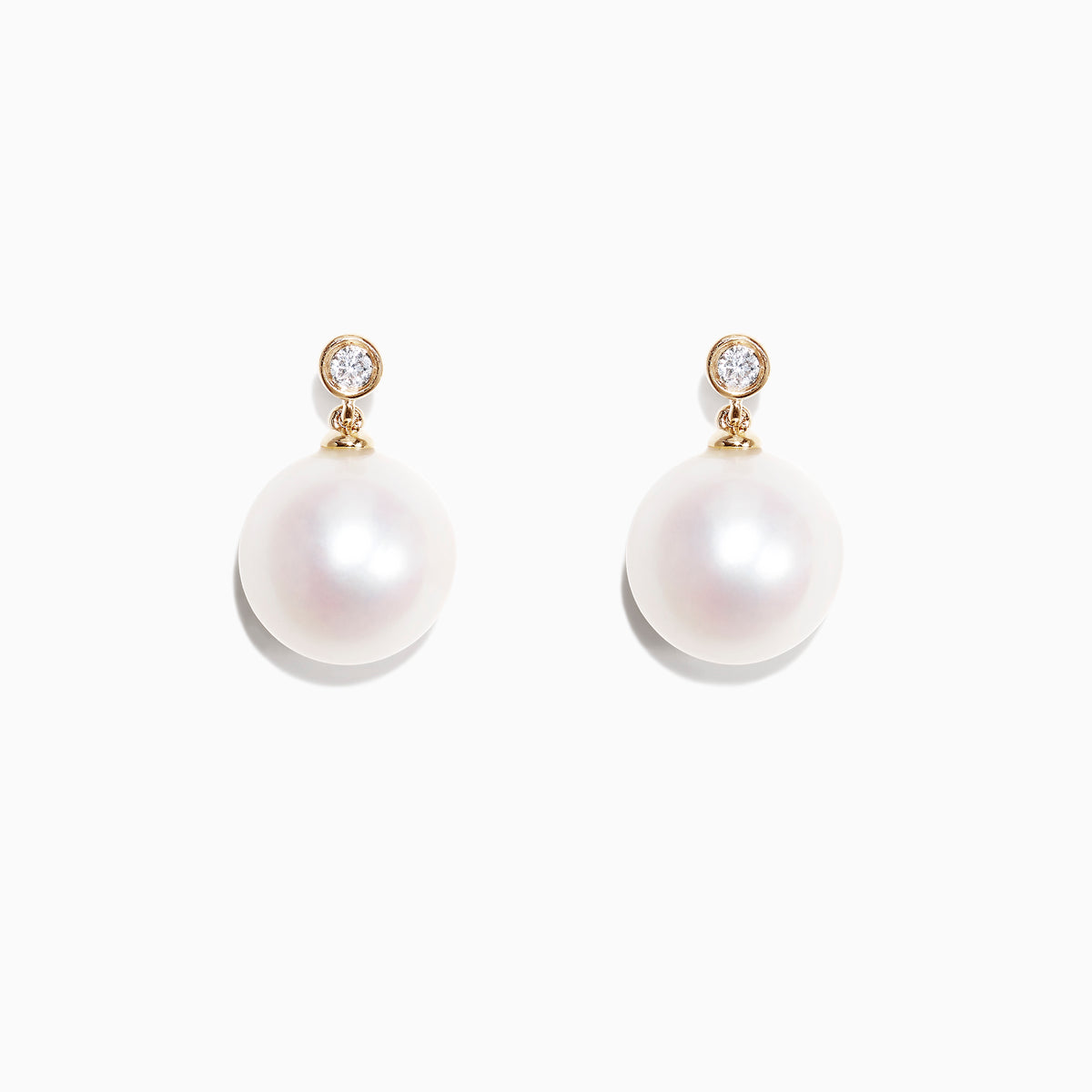 A pair of 14K yellow gold earrings with cultured freshwater pearls and sparkling diamonds (0.05 TCW), displayed on a white background.