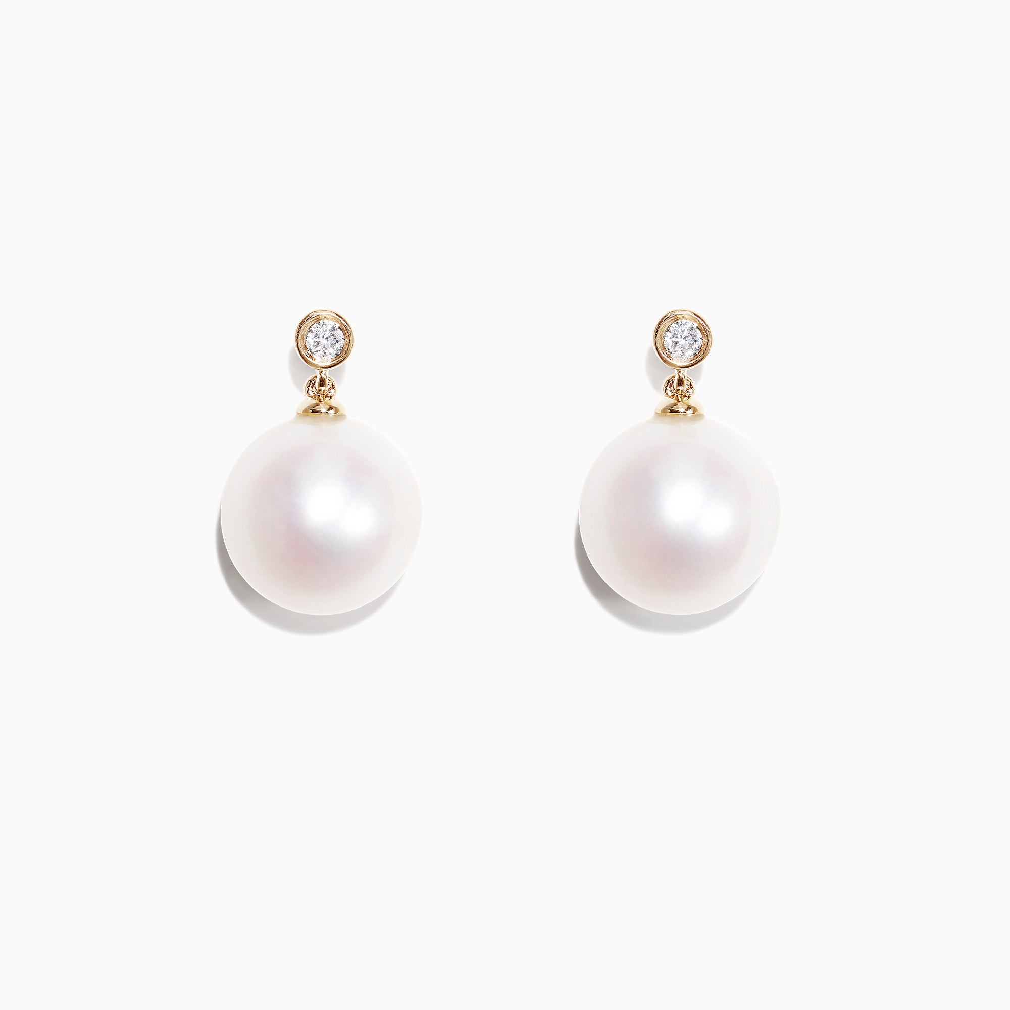 A pair of 14K yellow gold earrings with cultured freshwater pearls and sparkling diamonds (0.05 TCW), displayed on a white background.