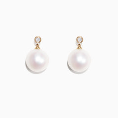 A pair of 14K yellow gold earrings with cultured freshwater pearls and sparkling diamonds (0.05 TCW), displayed on a white background.
