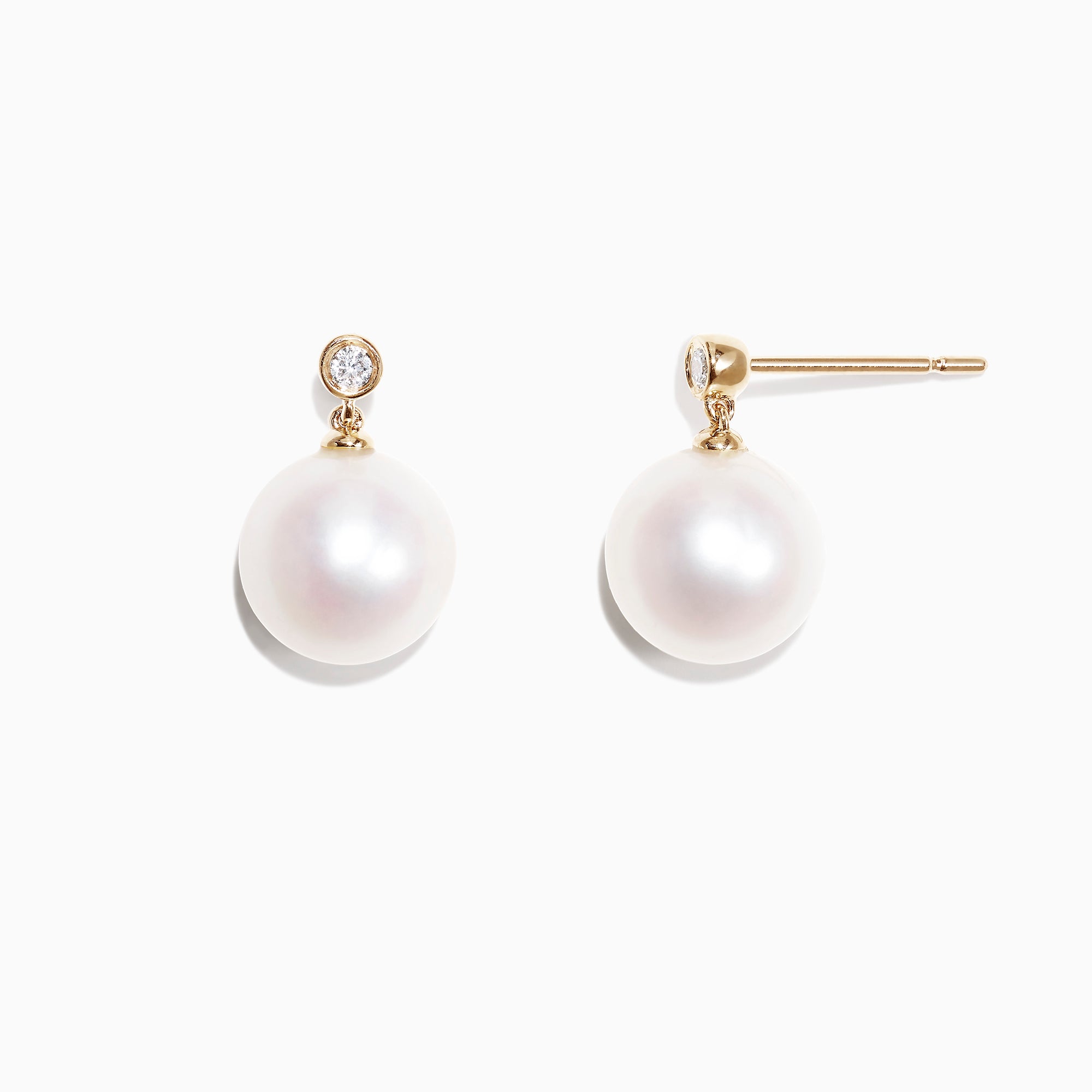 A pair of 14K yellow gold earrings with cultured freshwater pearls and sparkling diamonds (0.05 TCW), displayed on a white background.