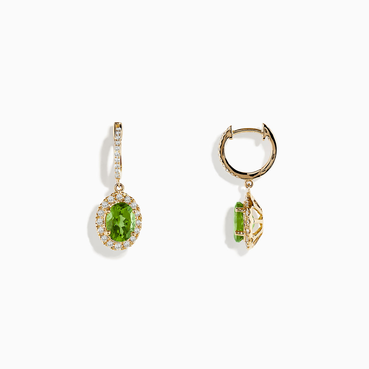 The 14K Yellow Gold Peridot and Diamond Earrings feature oval green peridot gemstones surrounded by sparkling diamonds, each hanging from a diamond-studded bar, shown on a white background.