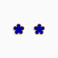 The Novelty 14K Yellow Gold Lapis Flower Stud Earrings feature gold-trimmed, blue four-petal blooms and are displayed on a white background.