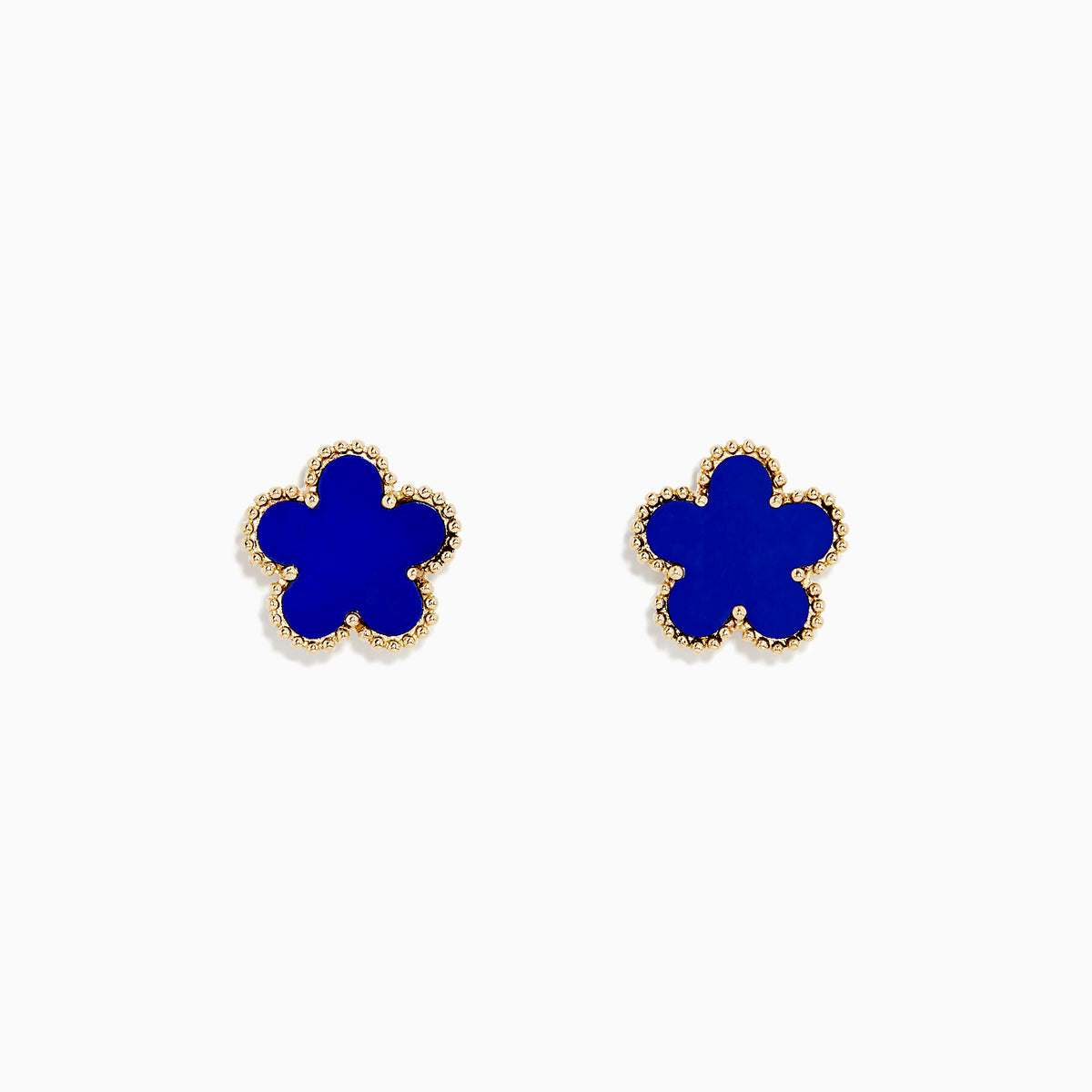 The Novelty 14K Yellow Gold Lapis Flower Stud Earrings feature gold-trimmed, blue four-petal blooms and are displayed on a white background.