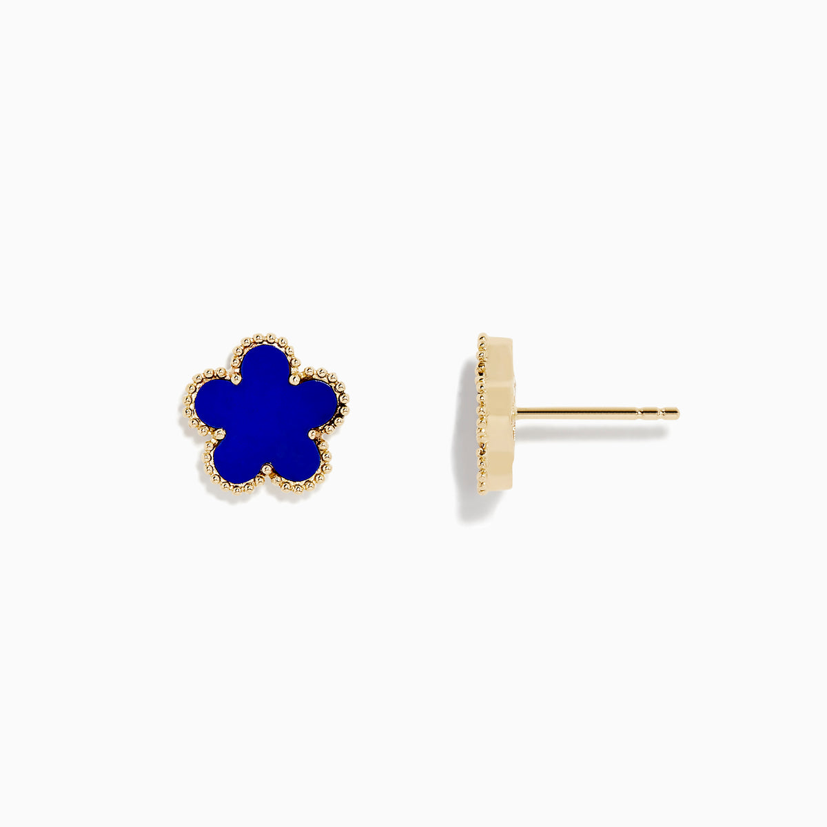 The Novelty 14K Yellow Gold Lapis Flower Stud Earrings feature gold-trimmed, blue four-petal blooms and are displayed on a white background.