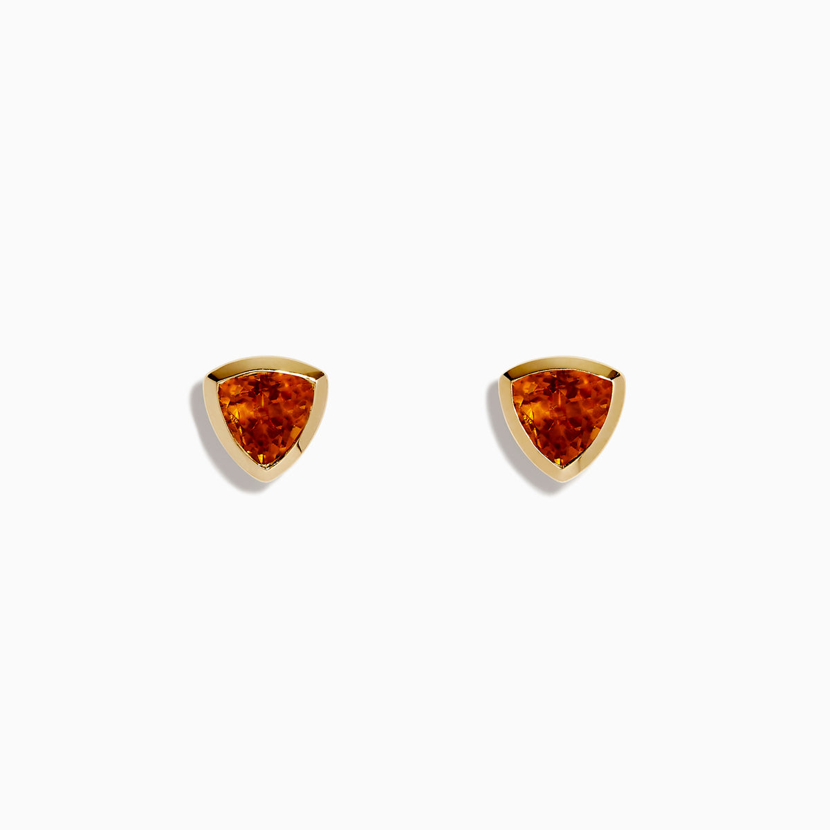 A pair of Sunset 14K Yellow Gold Citrine Stud Earrings, each showcasing a triangular orange citrine in a minimalist bezel setting, displayed against a white background.