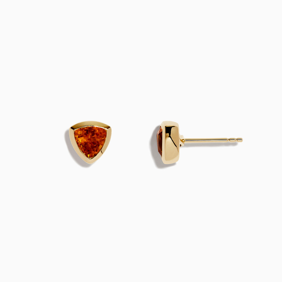 A pair of Sunset 14K Yellow Gold Citrine Stud Earrings, each showcasing a triangular orange citrine in a minimalist bezel setting, displayed against a white background.