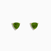The 14K Yellow Gold Peridot Stud Earrings feature bright green, triangular peridot gemstones set in yellow gold, shown against a plain white background.