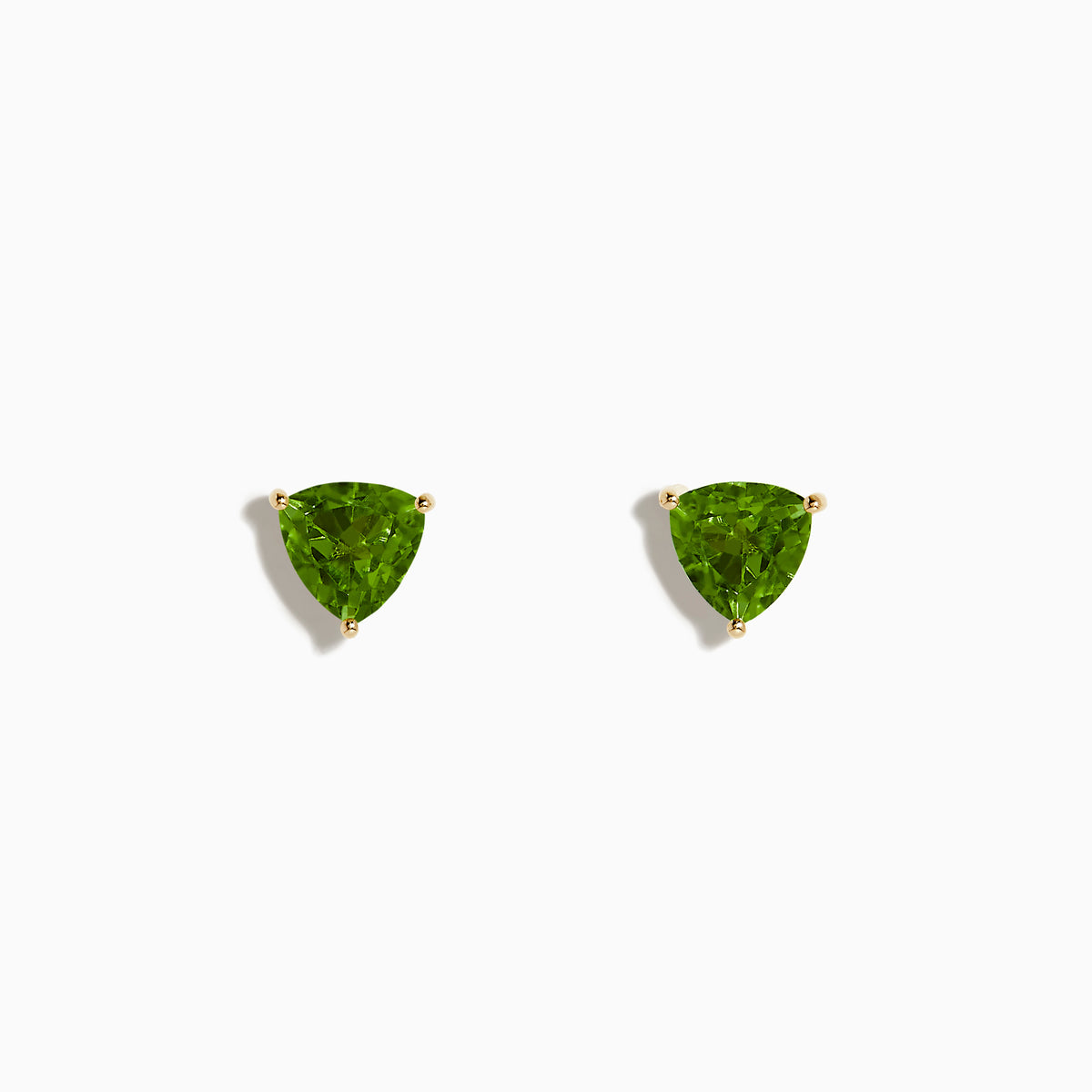 The 14K Yellow Gold Peridot Stud Earrings feature bright green, triangular peridot gemstones set in yellow gold, shown against a plain white background.
