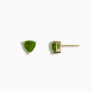 The 14K Yellow Gold Peridot Stud Earrings feature bright green, triangular peridot gemstones set in yellow gold, shown against a plain white background.