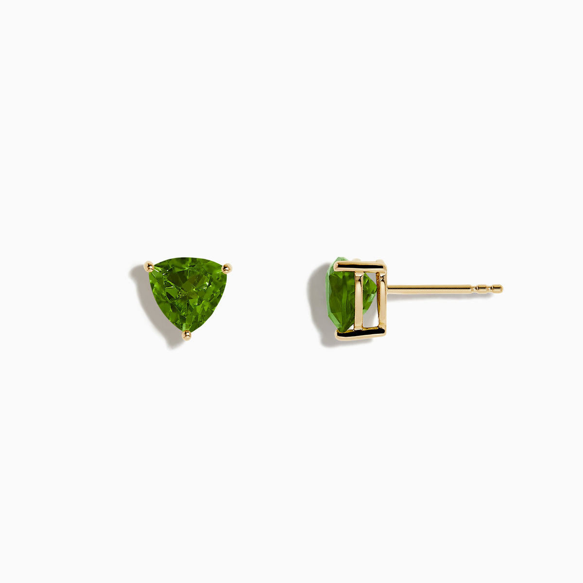 The 14K Yellow Gold Peridot Stud Earrings feature bright green, triangular peridot gemstones set in yellow gold, shown against a plain white background.