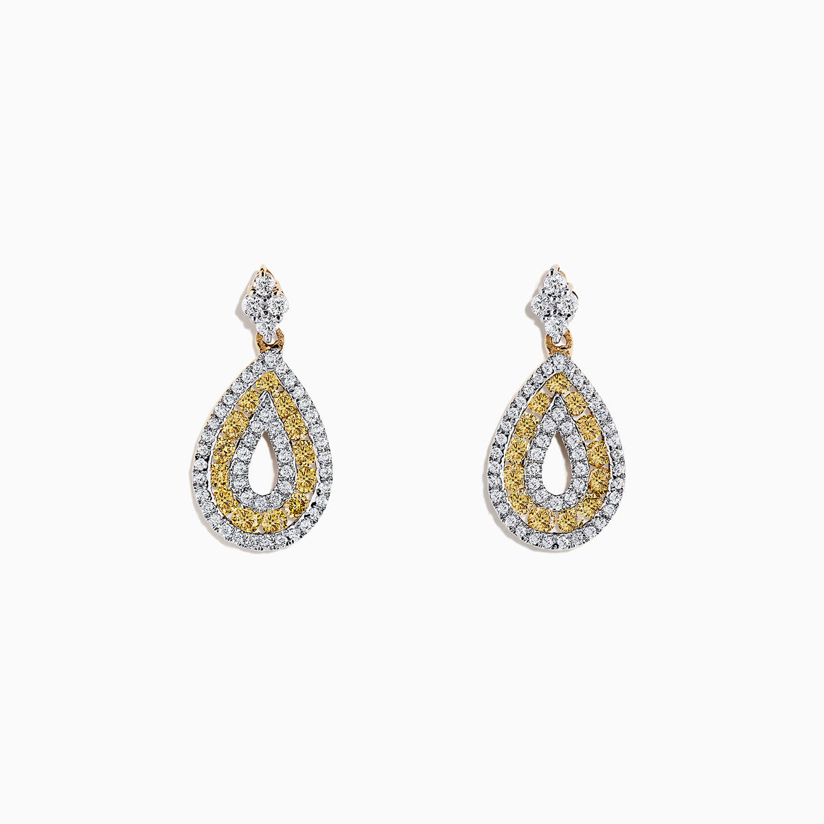 14K Yellow Gold Yellow and White Diamond Earrings, 1.25 TCW, with teardrop shapes and a small diamond-shaped stud at the top, shown on a plain white background.