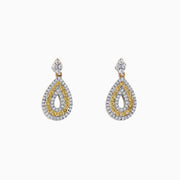 14K Yellow Gold Yellow and White Diamond Earrings, 1.25 TCW, with teardrop shapes and a small diamond-shaped stud at the top, shown on a plain white background.