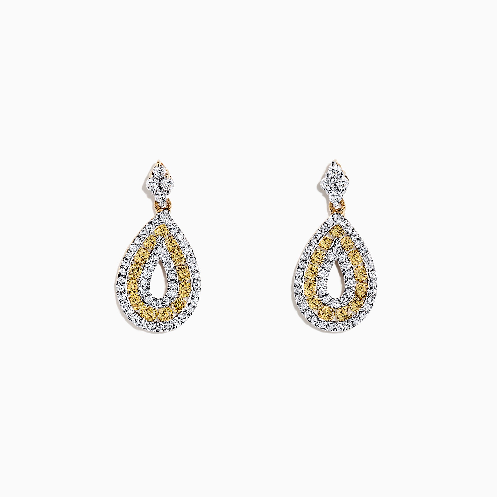 14K Yellow Gold Yellow and White Diamond Earrings, 1.25 TCW, with teardrop shapes and a small diamond-shaped stud at the top, shown on a plain white background.