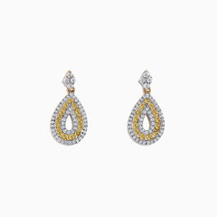 14K Yellow Gold Yellow and White Diamond Earrings, 1.25 TCW, with teardrop shapes and a small diamond-shaped stud at the top, shown on a plain white background.