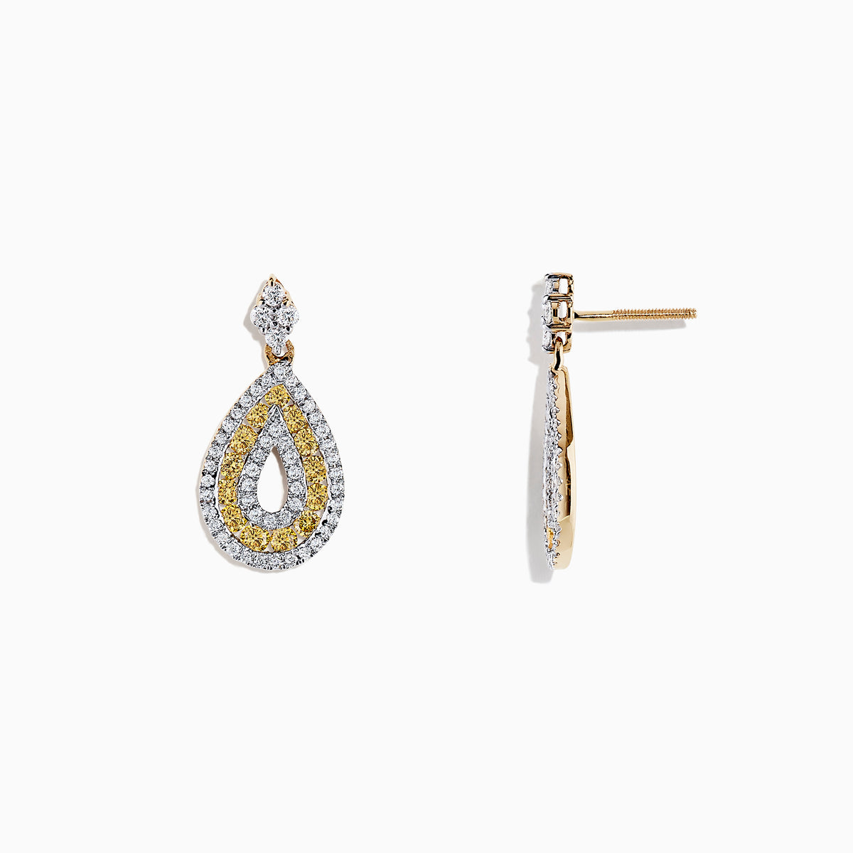 14K Yellow Gold Yellow and White Diamond Earrings, 1.25 TCW, with teardrop shapes and a small diamond-shaped stud at the top, shown on a plain white background.