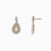 14K Yellow Gold Yellow and White Diamond Earrings, 1.25 TCW, with teardrop shapes and a small diamond-shaped stud at the top, shown on a plain white background.