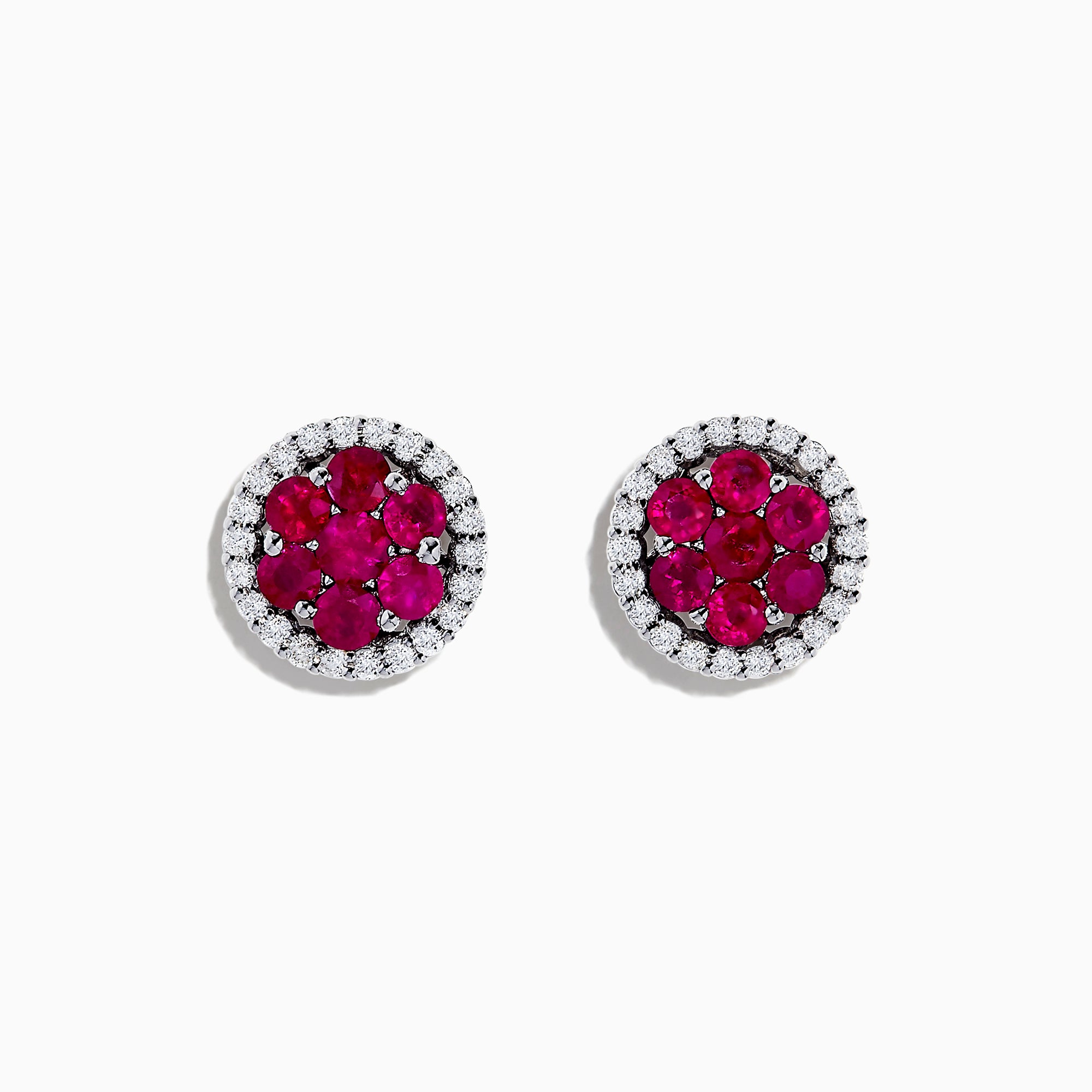 18K White Gold Ruby and Diamond Stud Earrings, 1.76 TCW, featuring vibrant ruby clusters at the center and a border of sparkling diamonds set in an elegant round design.