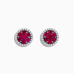18K White Gold Ruby and Diamond Stud Earrings, 1.76 TCW, featuring vibrant ruby clusters at the center and a border of sparkling diamonds set in an elegant round design.