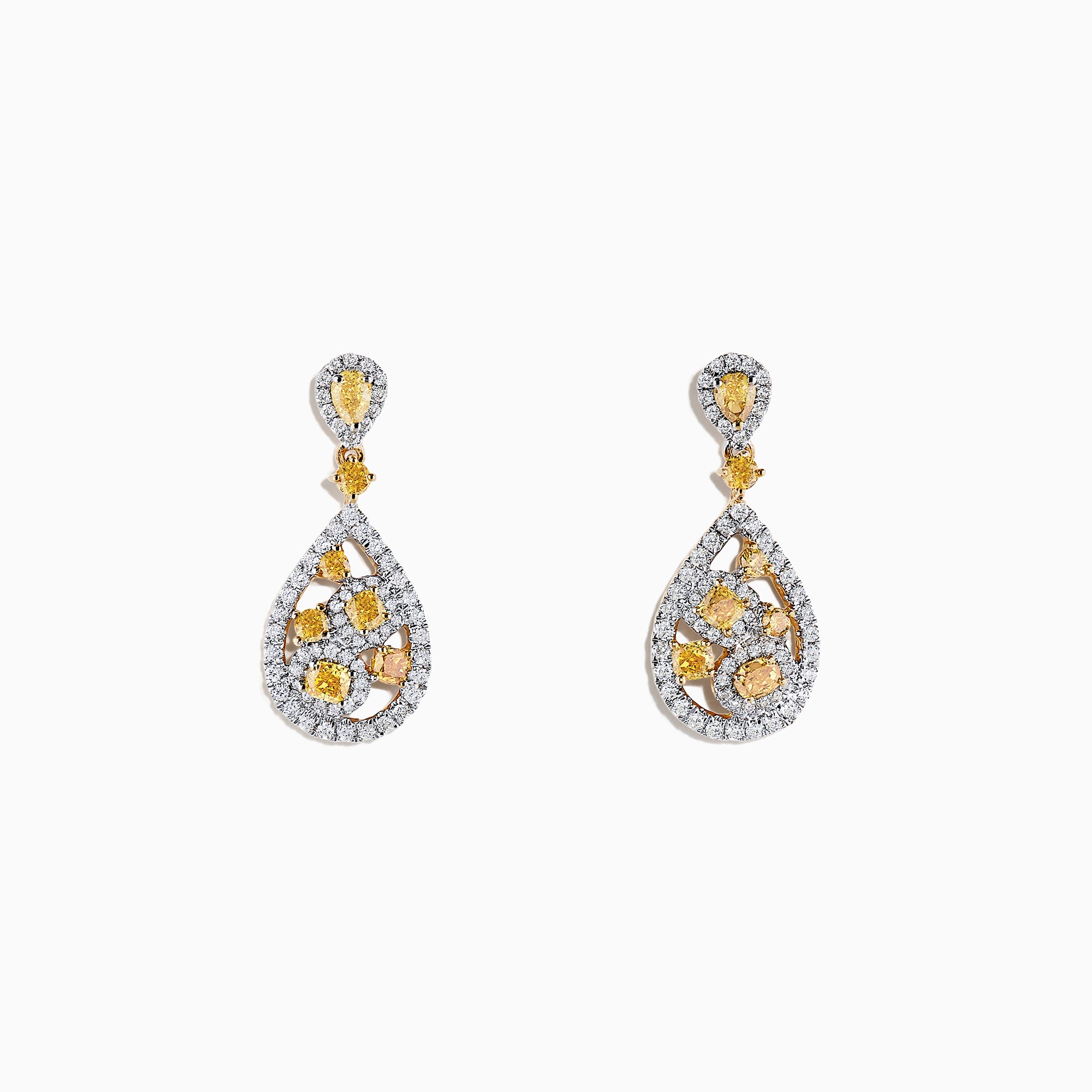 Elegant 14K two tone gold drop earrings, 1.40 TCW, featuring teardrop yellow and white diamonds in floral patterns with sparkling borders and a small teardrop gem at the top.