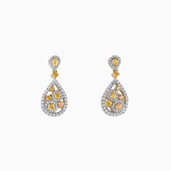 Elegant 14K two tone gold drop earrings, 1.40 TCW, featuring teardrop yellow and white diamonds in floral patterns with sparkling borders and a small teardrop gem at the top.