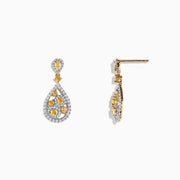 Elegant 14K two tone gold drop earrings, 1.40 TCW, featuring teardrop yellow and white diamonds in floral patterns with sparkling borders and a small teardrop gem at the top.