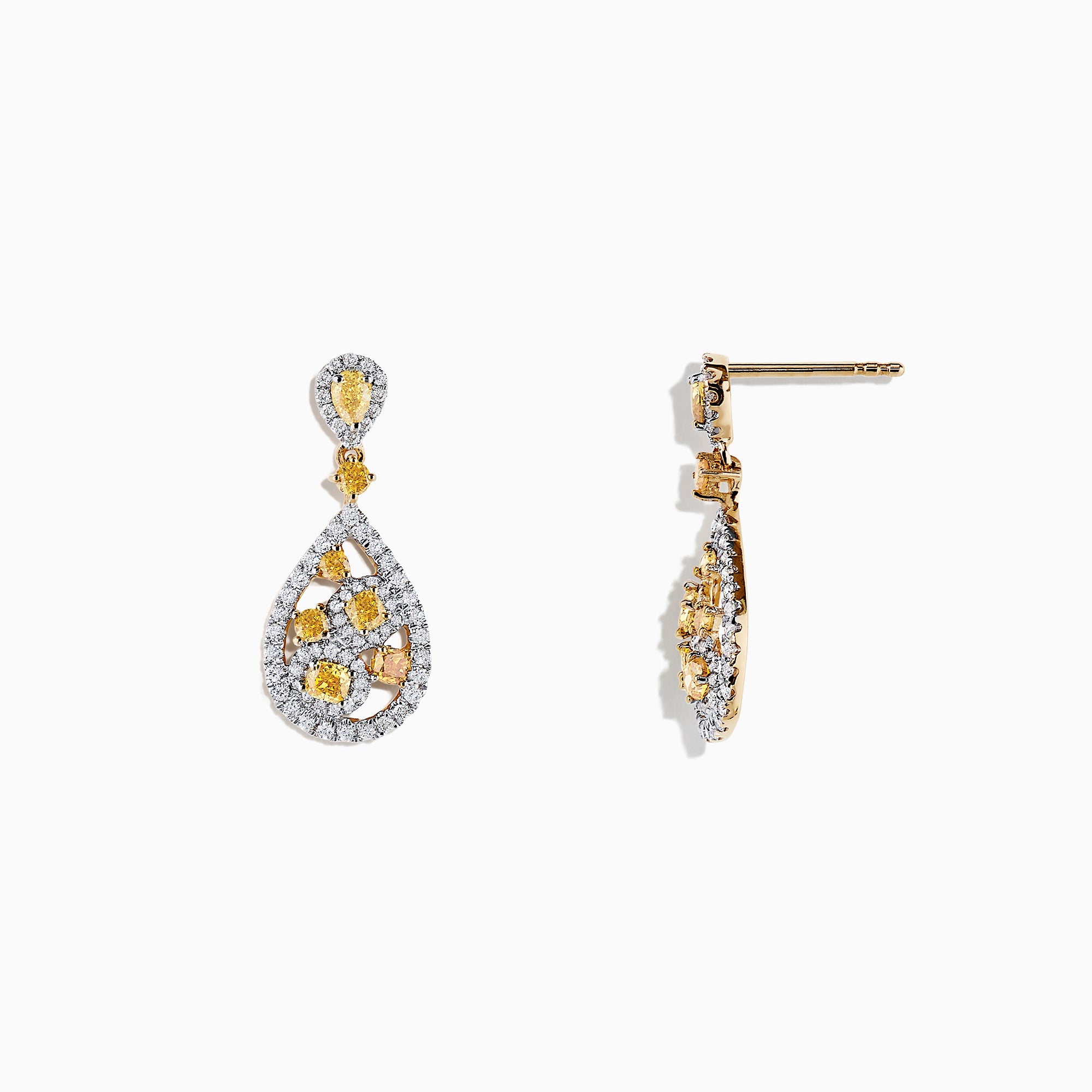 Elegant 14K two tone gold drop earrings, 1.40 TCW, featuring teardrop yellow and white diamonds in floral patterns with sparkling borders and a small teardrop gem at the top.