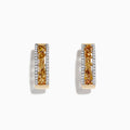 14K Gold Fancy Yellow and White Diamond Hoop Earrings, 1.00 TCW, feature a central row of yellow and white diamonds bordered by sparkling clear stones, displayed against a white background.