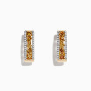 14K Gold Fancy Yellow and White Diamond Hoop Earrings, 1.00 TCW, feature a central row of yellow and white diamonds bordered by sparkling clear stones, displayed against a white background.