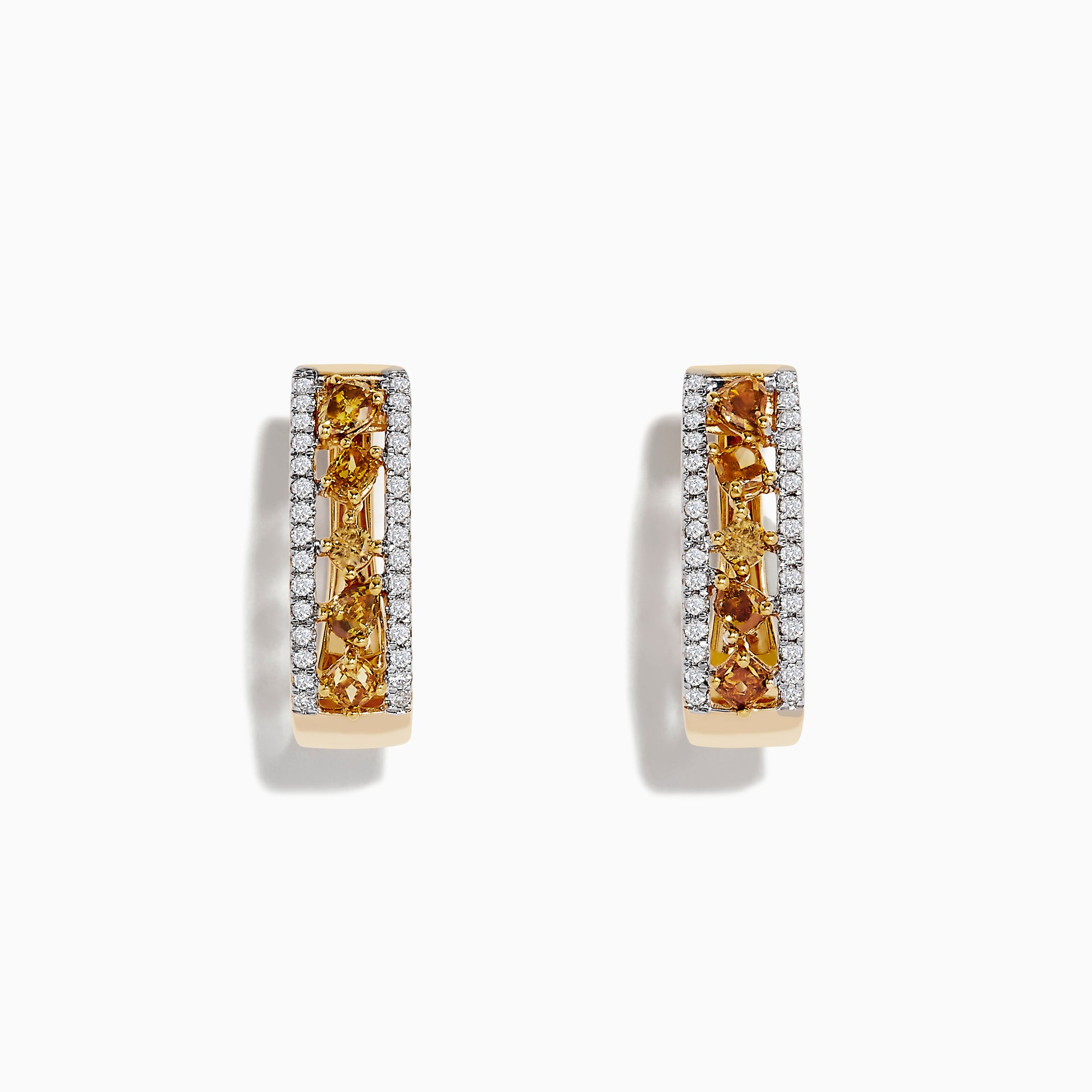 14K Gold Fancy Yellow and White Diamond Hoop Earrings, 1.00 TCW, feature a central row of yellow and white diamonds bordered by sparkling clear stones, displayed against a white background.