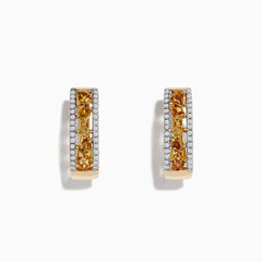 14K Gold Fancy Yellow and White Diamond Hoop Earrings, 1.00 TCW, feature a central row of yellow and white diamonds bordered by sparkling clear stones, displayed against a white background.