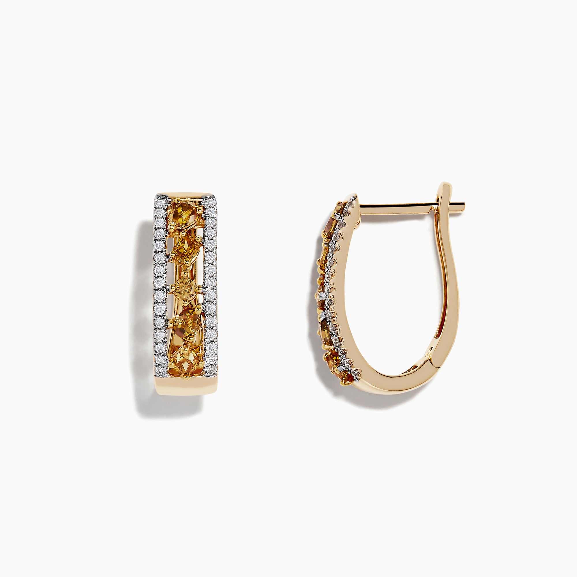 14K Gold Fancy Yellow and White Diamond Hoop Earrings, 1.00 TCW, feature a central row of yellow and white diamonds bordered by sparkling clear stones, displayed against a white background.