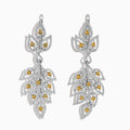 The 18K White Gold White and Fancy Yellow Diamond Leaf Drop Earrings, 2.75 TCW, feature a cascading leaf design with white gemstones and fancy yellow diamonds on a sleek white gold setting.