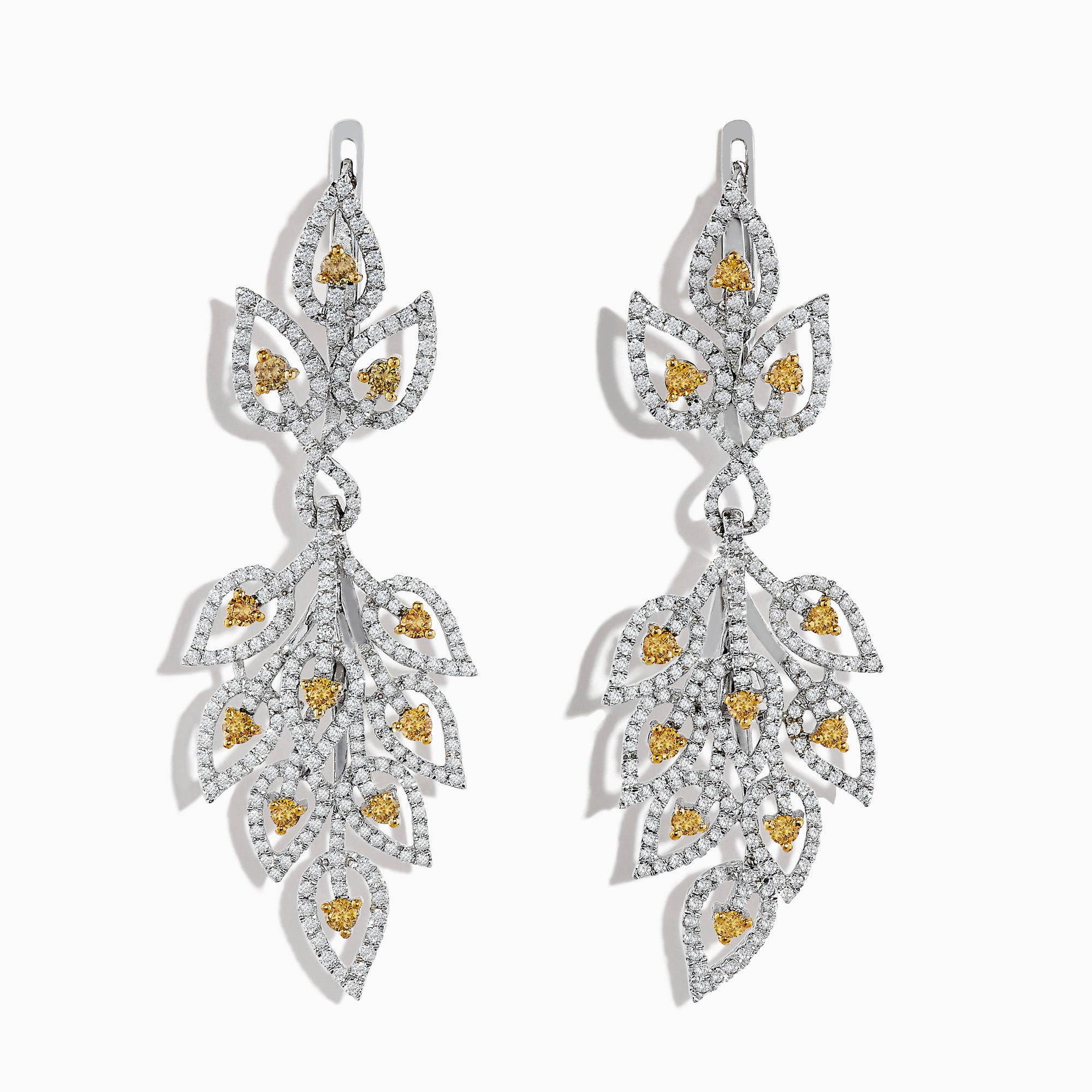 The 18K White Gold White and Fancy Yellow Diamond Leaf Drop Earrings, 2.75 TCW, feature a cascading leaf design with white gemstones and fancy yellow diamonds on a sleek white gold setting.