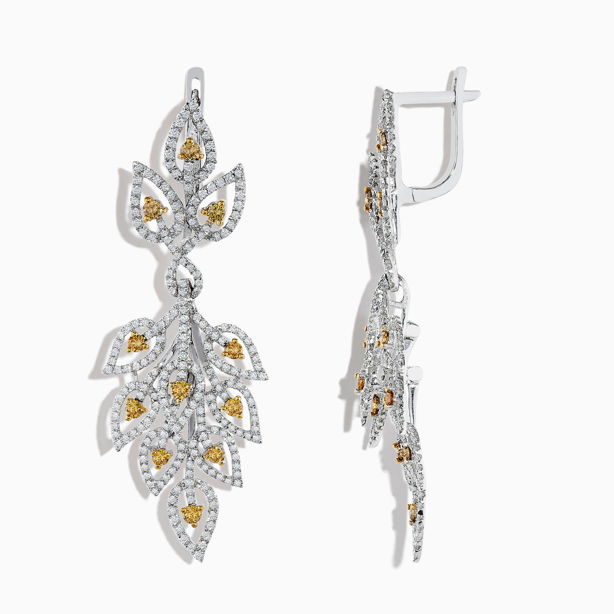 The 18K White Gold White and Fancy Yellow Diamond Leaf Drop Earrings, 2.75 TCW, feature a cascading leaf design with white gemstones and fancy yellow diamonds on a sleek white gold setting.