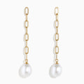 14K Yellow Gold Freshwater Pearl Paperclip Chain Drop Earrings feature oval links and a single dangling freshwater pearl on each earring, shown against a plain white background.