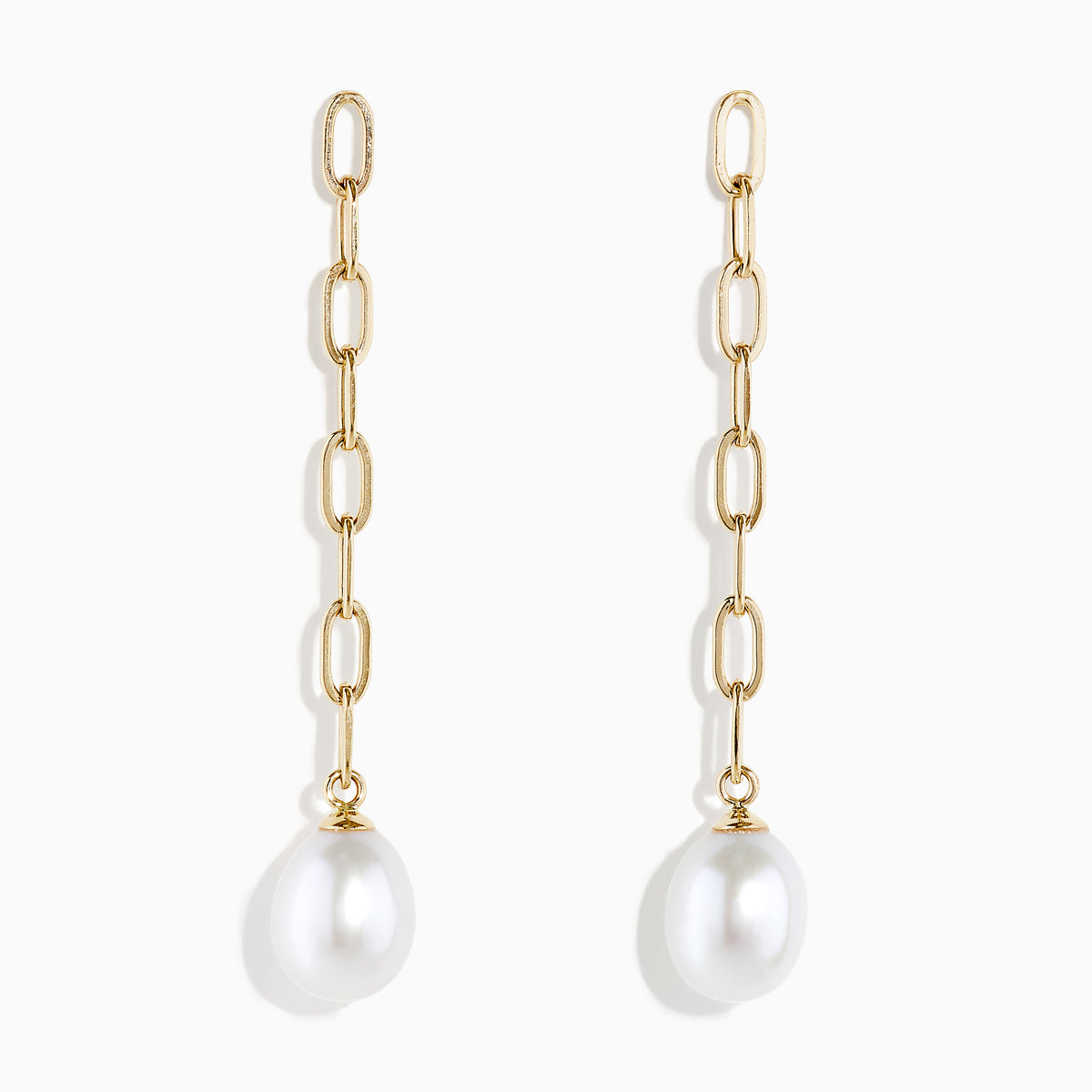 14K Yellow Gold Freshwater Pearl Paperclip Chain Drop Earrings feature oval links and a single dangling freshwater pearl on each earring, shown against a plain white background.