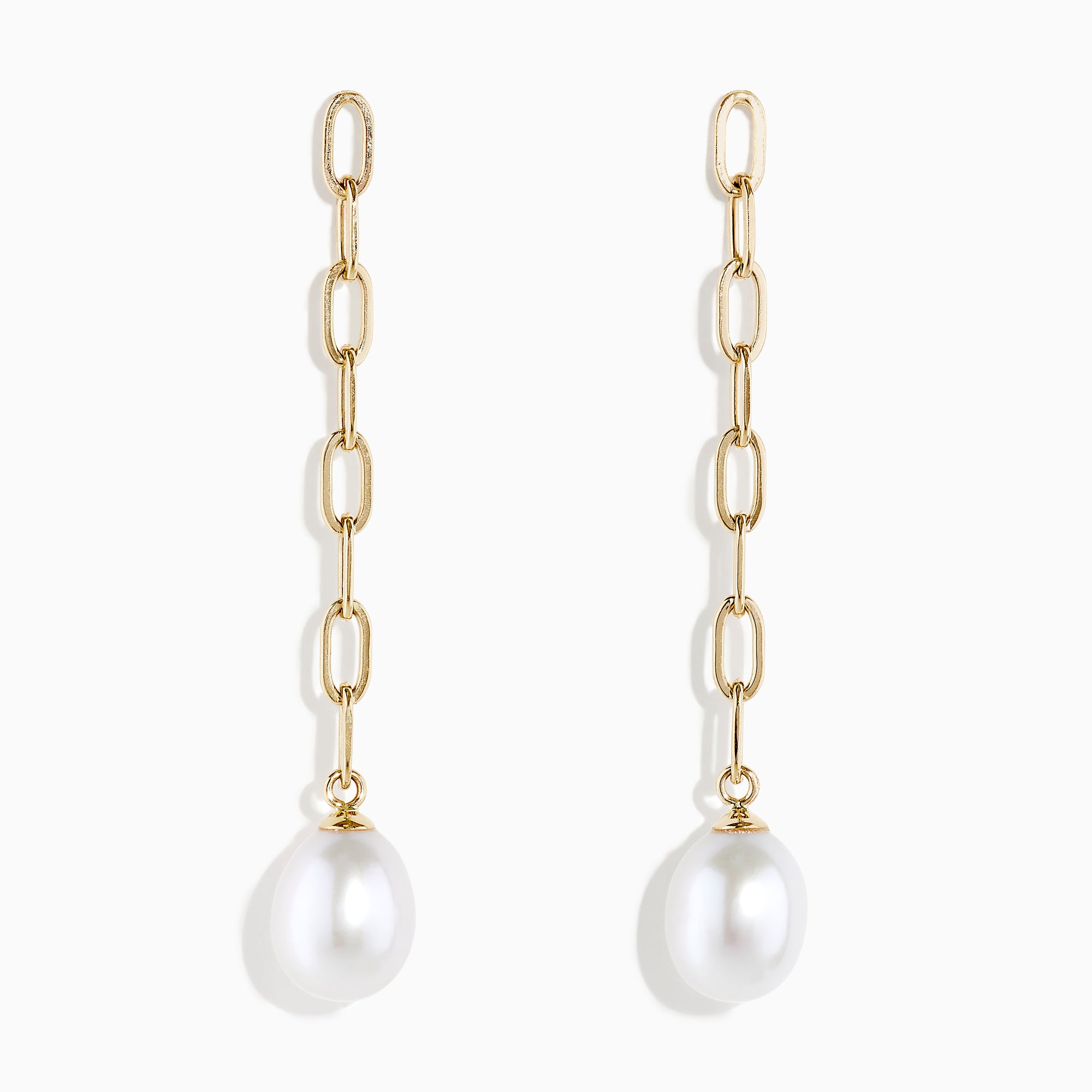 14K Yellow Gold Freshwater Pearl Paperclip Chain Drop Earrings feature oval links and a single dangling freshwater pearl on each earring, shown against a plain white background.