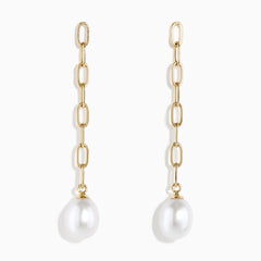 14K Yellow Gold Freshwater Pearl Paperclip Chain Drop Earrings feature oval links and a single dangling freshwater pearl on each earring, shown against a plain white background.