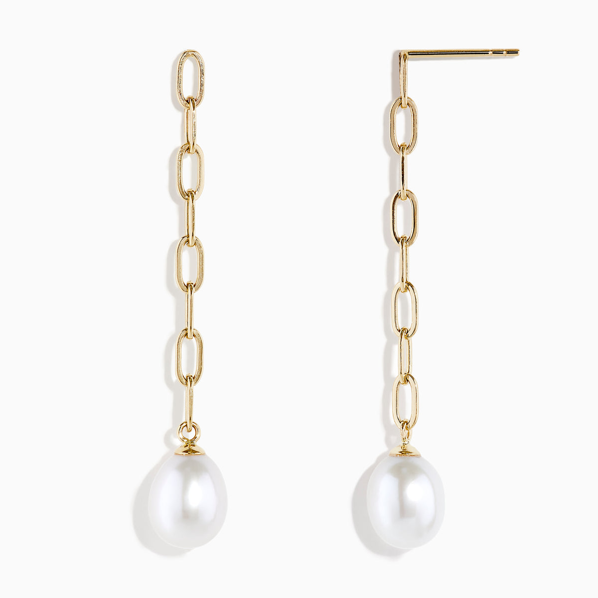 14K Yellow Gold Freshwater Pearl Paperclip Chain Drop Earrings feature oval links and a single dangling freshwater pearl on each earring, shown against a plain white background.