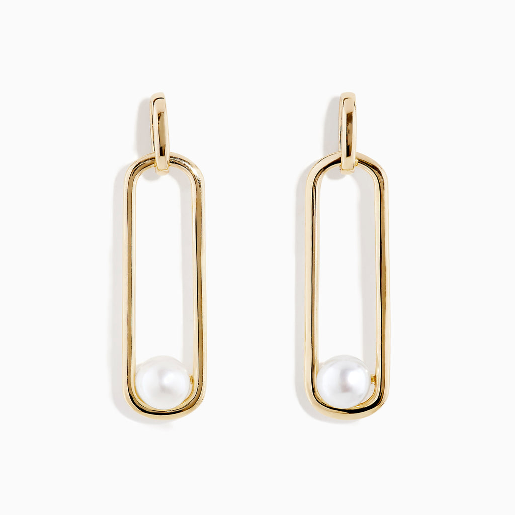 14K Yellow Gold Paperclip Cultured Freshwater Pearl Earrings