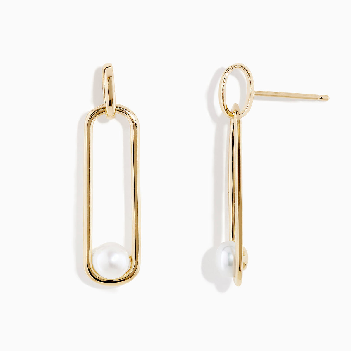 The 14K Yellow Gold Paperclip Cultured Freshwater Pearl Earrings feature elongated oval hoops in yellow gold, each adorned with a single freshwater pearl at the bottom, displayed on a plain white background.