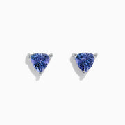 Nahla Siri Sterling Silver Tanzanite Stud Earrings, 1.52 TCW, feature triangular-cut gemstones in three-prong mounts and are shown on a white background.