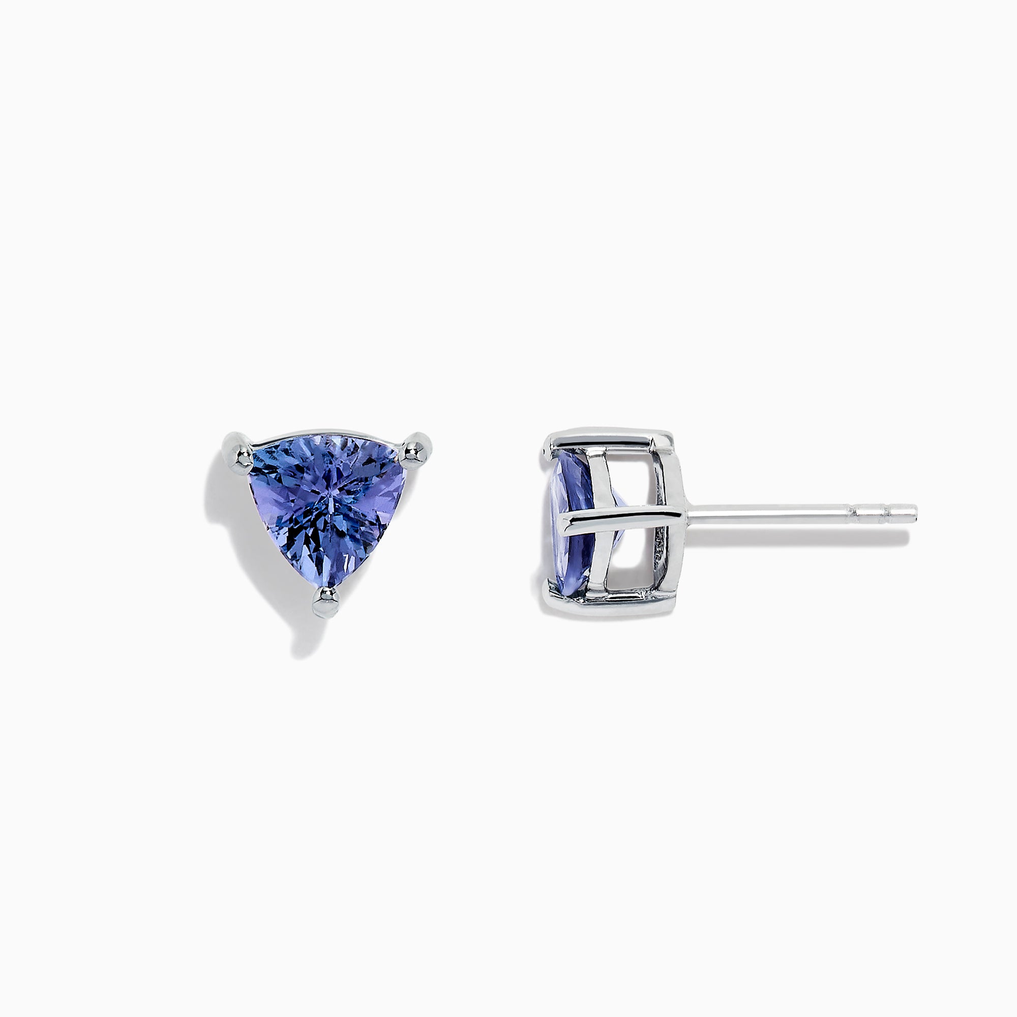 Nahla Siri Sterling Silver Tanzanite Stud Earrings, 1.52 TCW, feature triangular-cut gemstones in three-prong mounts and are shown on a white background.