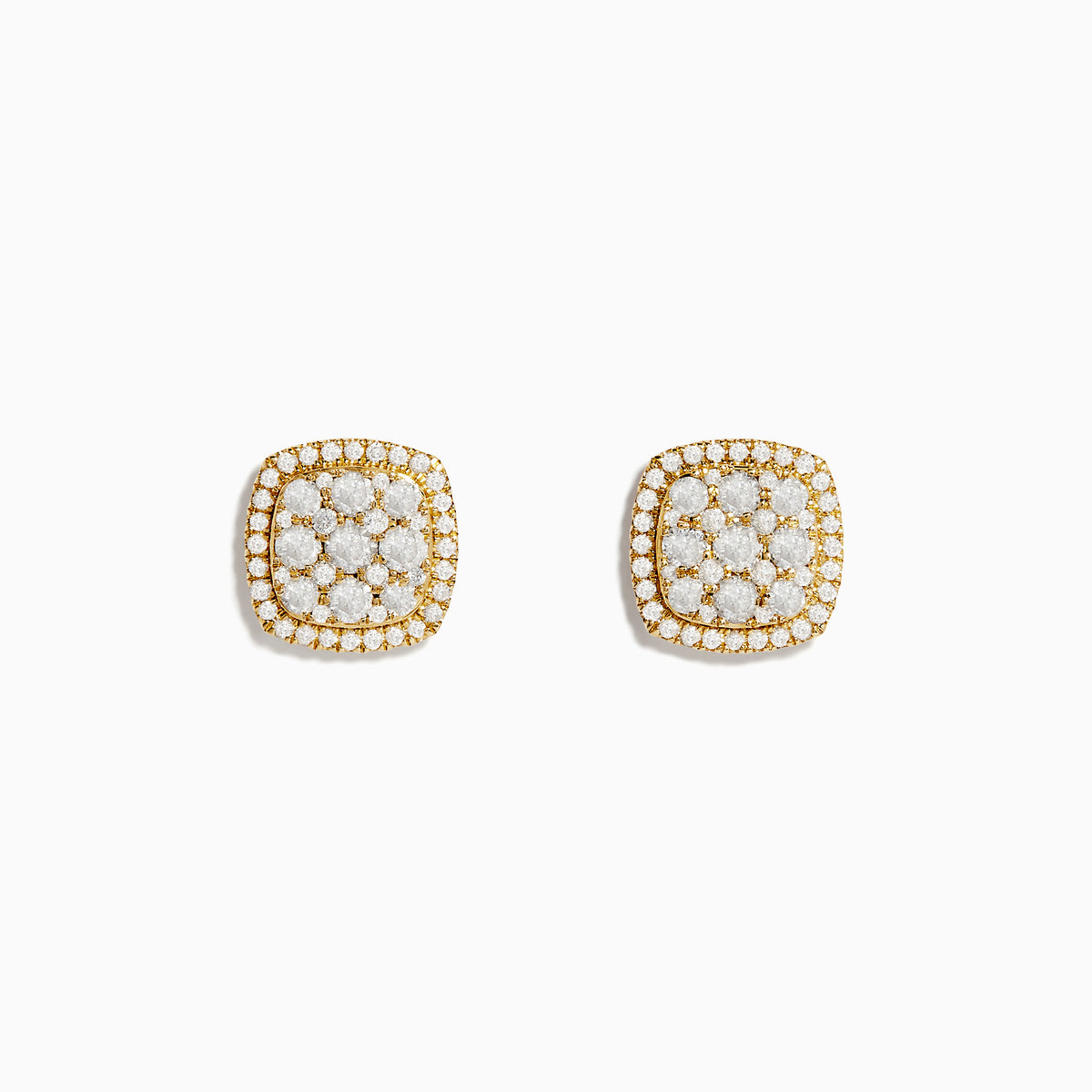 The Pave Classica 14K Yellow Gold Square Diamond Stud Earrings feature a 0.97 TCW cluster of round white stones in a floral design, framed by additional diamonds for a radiant look.